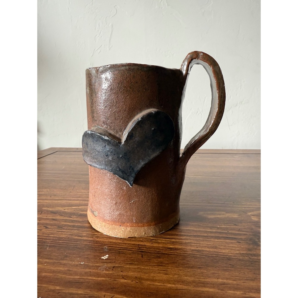 Handmade Studio Pottery Heart Mug Rustic Brown Stoneware Tall Coffee Cup Art